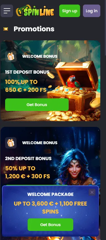 Spinline Casino mobile browser promotions interface on a smartphone