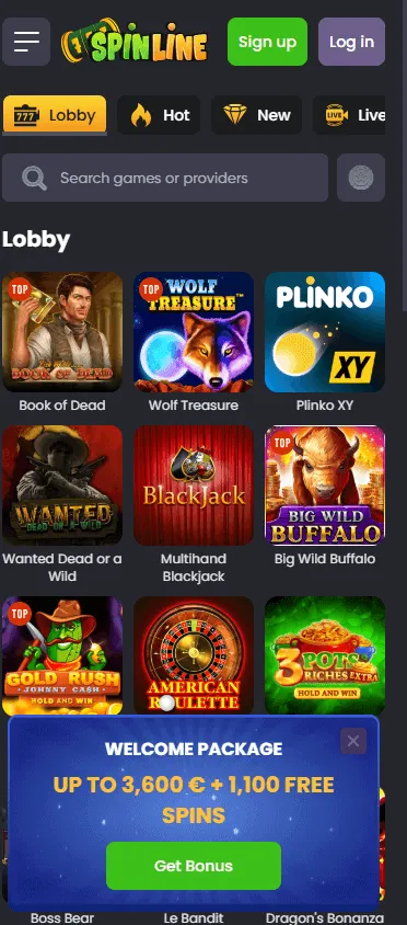 Spinline Casino mobile browser games interface on a smartphone