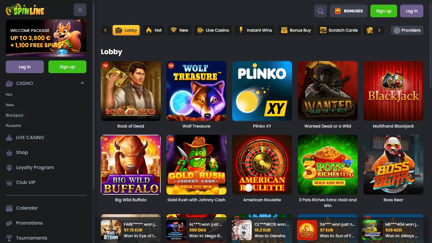 Spinline Casino desktop games interface with casino categories and game selection