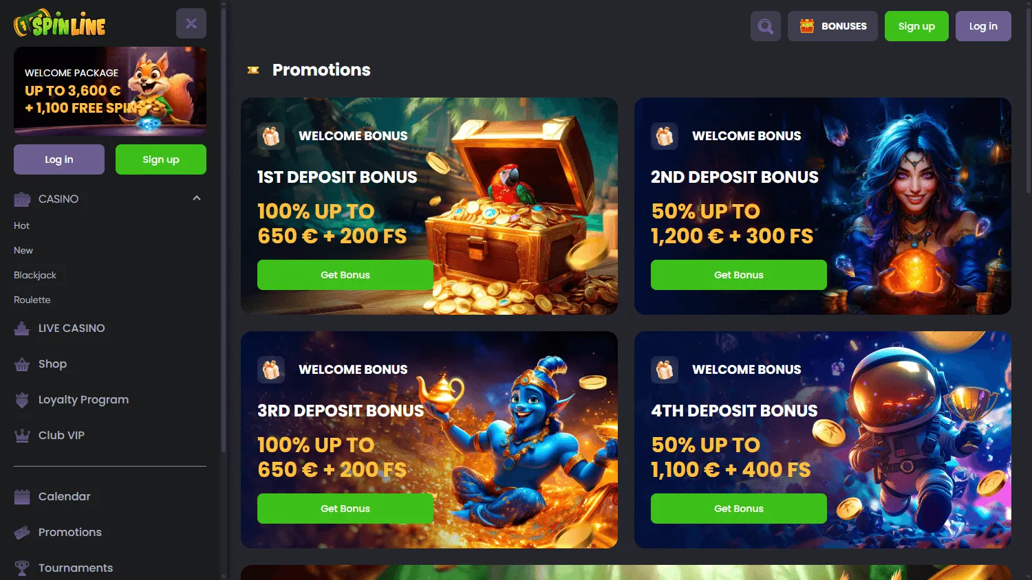 Spinline Casino desktop promotions interface with welcome and ongoing rewards