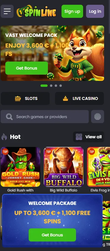 Spinline Casino mobile browser home interface on a smartphone