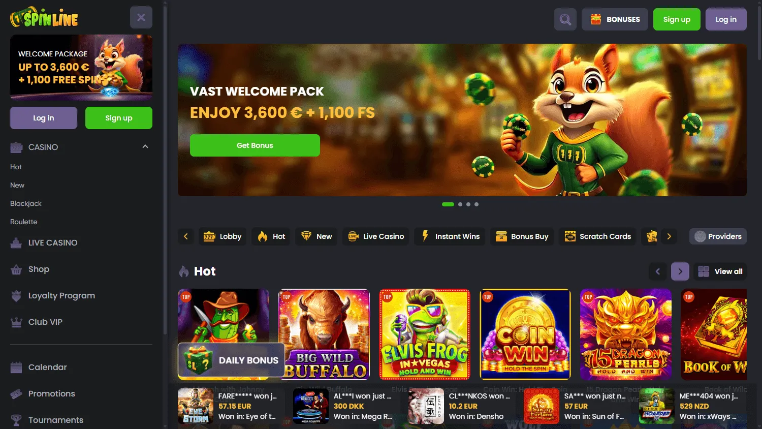 Spinline Casino desktop home interface with casino categories and account options